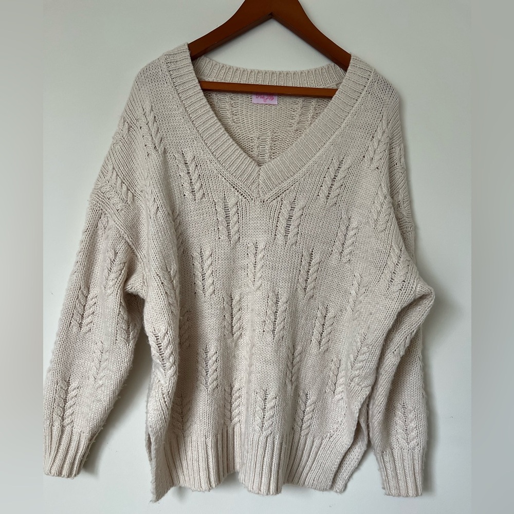 Pink Lily Cream V-Neck Sweater